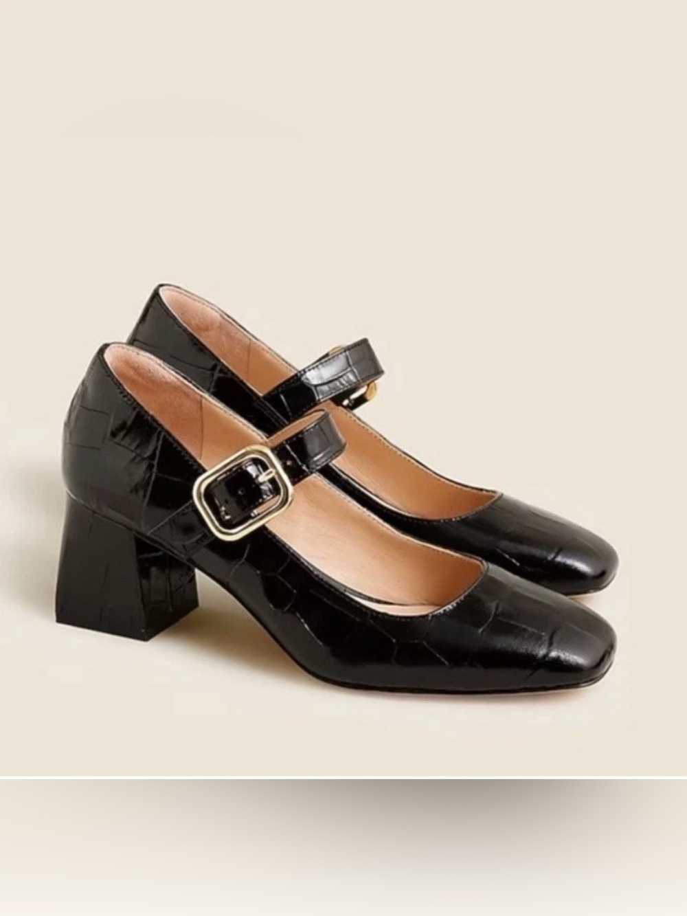 J.Crew Black Croc Embossed Leather Mary Jane Block Heel Pumps Size 7 - Picture 2 of 9
